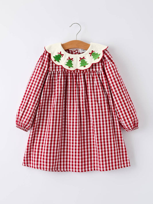 Embroidered Christmas Tree Plaid Dress