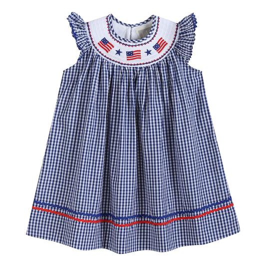 Blue Gingham American Flag Smocked Dress